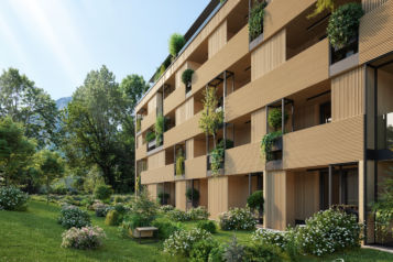 Mit dem Naturquartier errichtet das Team von Unterberger Immobilien tirolweit das größte Wohnhaus in Massivholzbauweise.