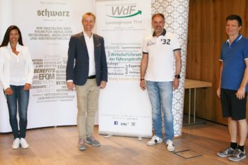 Auf dem Bild v.l.n.r.: Karin Falschlunger (Kommunikationsberaterin und WdF-Tirol-Vorstandsmitglied), Franz-Josef Pirktl (Geschäftsführer Alpenresort Schwarz), Hubert Schenk (WdF-Landesvorsitzender und RLB-Direktor Firmenkunden) und Christian Filzmoser (OLYMP Heizung und WdF-Tirol und Vorstandsmitglied).