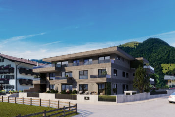 Das dreistöckige Gebäude wird von Unterberger Immobilien in Hybrid-Bauweise in Walchsee errichtet.