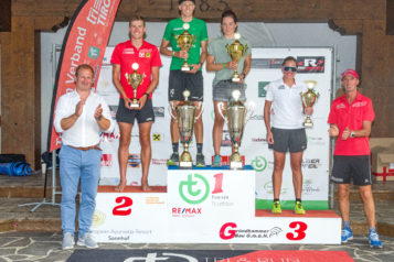 Auf dem Bild v.l.n.r.: Rainer Fankhauser (Bürgermeister Thiersee), Tjebbe Kaindl (Sieger Sprintdistanz), Luca Bauer (Sieger Olympische Distanz), Sina Böhne (Siegerin Olympische Distanz), Sabrina Exenberger (Siegerin Sprintdistanz) und Thomas Trainer (Tri & Run Thiersee).