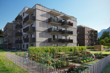 Grünflächen mit Hochbeeten ermöglichen das gemeinschaftliche Gärtnern. Das Thema Urban Gardening ist fest im Freiraumkonzept verankert.