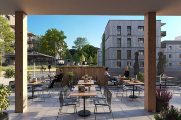 Im Herzen des Claraparks lädt ein Quartierscafé zum Verweilen ein. Es bildet die kommunikative Mitte des neuen Stadtteils.