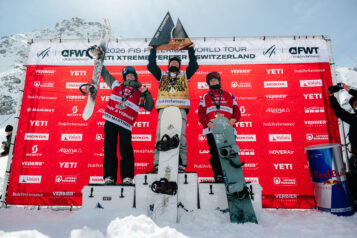 Die besten drei der FWT 26 in der Kategorie Snowboard Damen: Mia Jones (USA) vor Anna Martinez (FRA) und Noémie Equy (FRA)